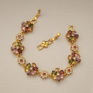 New 18K Gold Plated Multicolored Gemstones Diamond Flower Bracelet With Extender